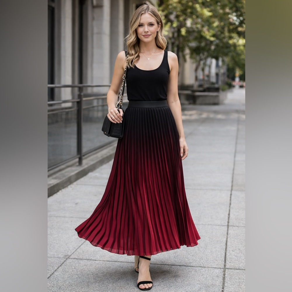 Chic Black and Red Ombre Pleated Skirt